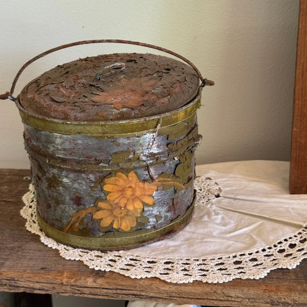 Vintage Primitive Metal Bucket Floral Tin Gingham Lined Rustic Farmhouse Decor